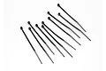 A set of ten small black plastic cable ties arranged on a plain white background.