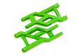 Two bright green Traxxas heavy-duty front suspension arms for RC vehicles, shown from a top-down perspective against a white background.