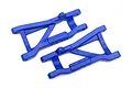 Two blue Traxxas heavy-duty rear suspension arms for RC vehicles, shown from an overhead angle against a white background.