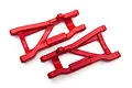 Two red heavy-duty rear suspension arms for a Traxxas RC vehicle, labeled L and R, isolated on a white background.