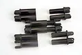 A set of black plastic splined half shaft components for Traxxas RC vehicles, including various male and female driveshaft parts.