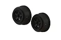 Two black ARRMA 2.2/3.0 inch short course RC truck rims shown from a front-angled perspective against a white background.