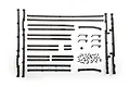 A set of black plastic scale side trim and detail parts for a Traxxas TRX-6 Mercedes Benz RC vehicle, including various lengths of trim, handles, and screws.