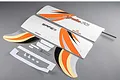 E-Flite Apprentice STS wing set including main wing panels, winglets, and small hardware components on a grey background.