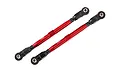 Two red anodized aluminum toe links with black plastic rod ends for Traxxas WideMaxx RC vehicles.