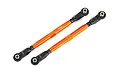 Two orange anodized aluminum toe links for Traxxas WideMaxx RC vehicles, featuring black plastic rod ends with metal pivot balls.
