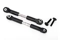 Two assembled RC turnbuckles with black plastic rod ends and metal shafts, plus two black machine screws, isolated on a white background.