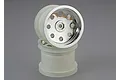 Two Traxxas 2.2-inch RC monster truck rims with chrome-plated faces and white plastic barrels stacked on a grey background.