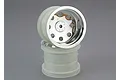 Two Traxxas 2.2-inch slotted chrome RC wheels stacked vertically against a grey background.