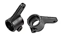 Two black plastic Traxxas steering hubs for RC vehicles shown against a white background.