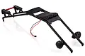 A black Rovan roll bar set for an RC Baja vehicle, featuring integrated LED light housings and a red support brace, isolated on a white background.