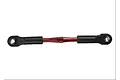 A red anodized aluminium turnbuckle with black plastic rod ends on both sides against a white background.