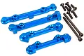 A set of four blue anodized aluminium suspension arm pin mounts for an RC car, accompanied by various black metal screws and bolts.