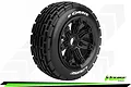 A single Louise B-Orbit RC buggy tire mounted on a black spoke rim with beadlock detailing, viewed from a three-quarter angle.