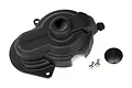 Traxxas black plastic gear cover with a rubber plug and two small metal screws on a white background.