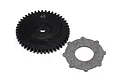 HPI Racing 45T spur gear and a circular friction pad on a white background.