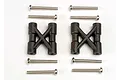Two black plastic bulkhead cross braces and four metal screws arranged on a white background.