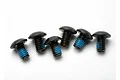 Six black metal button head screws with blue thread locker on the threads, arranged on a white background.