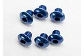Six blue anodized aluminium button head screws with hex drive heads arranged on a white background.