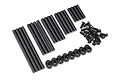 A set of hardened steel suspension pins, small screws, and mounting hardware for a Traxxas Maxx 4S RC vehicle, arranged on a white background.