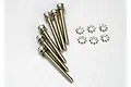 A set of six silver-coloured cap head screws and six matching star lock washers on a white background.