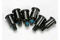 Six black metal Traxxas shoulder screws with blue thread locker on the threads, arranged on a white background.