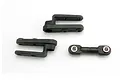 Two black plastic steering servo horns and one black plastic steering link with metal pivot balls on a white background.