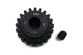 A black Yeah Racing 21T 32dp pinion gear with a grub screw on a white background.