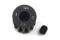 A black Yeah Racing 13T 32dp pinion gear with a grub screw on a white background.