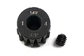 A black Yeah Racing 14T 32dp pinion gear with a matching grub screw on a white background.