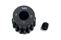 A black Yeah Racing 15T 32dp pinion gear with a small grub screw on a white background.
