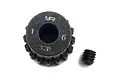 A black Yeah Racing 16T 32dp pinion gear with a matching grub screw on a white background.