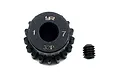 A black Yeah Racing 17-tooth 32dp pinion gear with a matching grub screw on a white background.