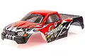A red and black pre-painted RC truck body shell with flame decals and Monster Nitro Power branding on a white background.