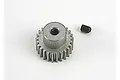 A silver metal pinion gear with a small black grub screw sitting on a white background.