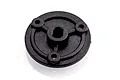 A black plastic spur gear mount for an HSP RC rock crawler, showing the circular design with three mounting holes and a central D-shaped shaft hole.