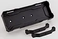 A black plastic RC battery tray and two matching mounting brackets on a white background.