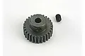 A metal 28-tooth pinion gear with a small grub screw placed on a white background.