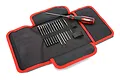 Traxxas 13-piece speed bit tool set with a handle and various metric bits organized in a black and red fabric roll-up pouch.