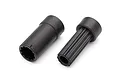Two black splined drive shaft components for a Traxxas RC vehicle against a white background.