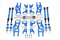 GPM Racing blue aluminium suspension and drive shaft upgrade kit for Traxxas Maxx 4S, including arms, shafts, and hardware.