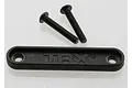 A black plastic rear toe link tie bar with two black metal screws, isolated on a white background.