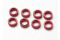 Eight small red anodized aluminium spacers arranged in two rows of four on a white background.