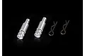 Two silver aluminium RC body posts and two black metal body clips on a black background.