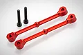 Two red anodized aluminium RC shock tower braces and two black steel socket head screws on a white background.