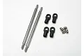 Traxxas 115mm linkage set including two threaded metal rods, four black plastic rod ends, and four metal pivot balls on a white background.