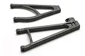 Two black plastic RC suspension arms for a Traxxas vehicle, shown from an angled top-down perspective on a white background.