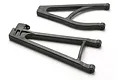 Two black plastic RC suspension arms for Traxxas vehicles, shown from an overhead angle against a white background.