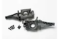 Traxxas rear bulkhead set for RC vehicles, including left and right plastic bulkheads, four screws, and a small plastic component on a white background.