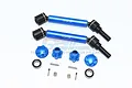 GPM Racing blue aluminium and steel universal drive shafts with 17mm wheel hexes, nuts, bearings, and hardware for RC cars.